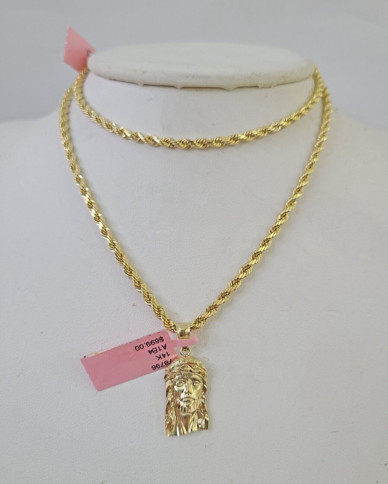 Real 14k Rope Chain Jesus Head Charm Set Yellow Gold 3mm 18 - 30" Necklace Pendant - GoldenlinQ